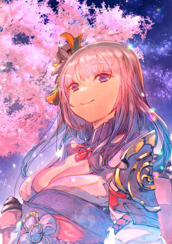 1girl armor blunt_bangs breasts bridal_gauntlets cherry_blossoms cleavage closed_mouth commentary genshin_impact hair_ornament happy highres japanese_clothes kimono large_breasts light_smile long_hair neck_ribbon night no_mole off_shoulder outdoors purple_eyes purple_hair purple_kimono raiden_shogun red_ribbon ribbon shoulder_armor sky solo standing star_(sky) starry_sky tree upper_body usapenpen2019