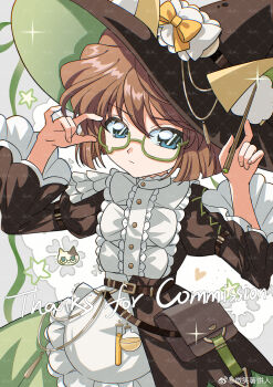 Rule 34 | 1girl, absurdres, bisho imobing hito, blue eyes, bow, brown dress, brown hair, center frills, closed mouth, commentary request, commission, dress, flask, frills, glasses, green-framed eyewear, haibara ai, hat, hat bow, highres, holding, holding wand, juliet sleeves, long sleeves, looking at viewer, meitantei conan, puffy sleeves, short hair, solo, star (symbol), teardrop-framed glasses, vial, wand, witch hat