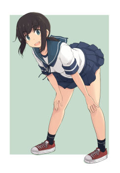 1girl anchor_symbol ankle_socks bare_legs black_socks blue_sailor_collar blue_skirt brown_hair collarbone commentary_request fubuki_(kancolle) full_body green_eyes hands_on_own_knees kantai_collection kugui_kiyunemu leaning_forward legs long_hair looking_at_viewer low_ponytail open_mouth pleated_skirt ponytail red_shoes sailor_collar school_uniform serafuku shoes short_ponytail sidelocks skirt smile sneakers socks solo standing teeth upper_teeth_only