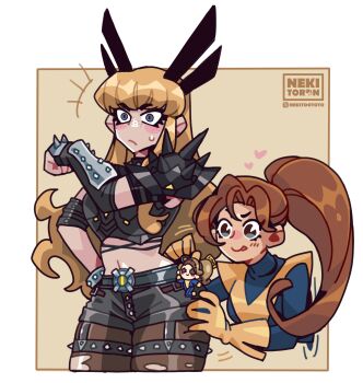 2girls absurdres animification black_gloves blonde_hair blue_eyes breasts cleavage clothing_cutout crop_top gloves highres holding intangible kitty_pryde long_hair magik_(x-men) marvel marvel_rivals midriff multiple_girls navel nekitoron short_shorts shorts smile spikes superhero_costume toy x-men yellow_gloves