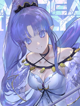 1girl bare_shoulders breasts cleavage collarbone dress fate/grand_order fate_(series) gloves grin high_ponytail highres long_hair looking_at_viewer medea_(fate) medea_lily_(fate) medium_breasts parted_bangs pointy_ears ponytail purple_dress purple_eyes purple_gloves purple_hair sidelocks smile solo suzuhi_(fullprayer)
