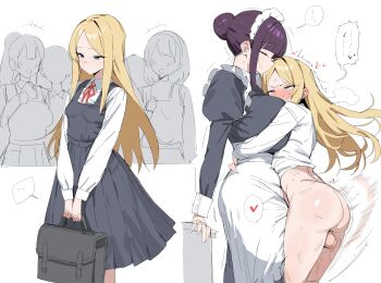 1futa 1girl absurdres apron ass bag black_dress black_hair blonde_hair blue_eyes bottomless breasts dress futa_with_female futanari heart highres holding holding_bag hug huge_breasts long_hair long_sleeves maid_headdress multiple_girls original penis people pinafore_dress school_bag school_uniform shirt sleeveless sleeveless_dress small_breasts spoken_heart testicles white_apron white_shirt xipa