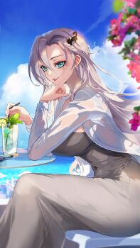 1girl absurdres aqua_eyes artist_request bad_source blue_sky breasts cat_hair_ornament chair cloud cloudy_sky commentary_request cup day dress drink drinking_glass earrings elbow_on_table flower food freyja_(master_of_eternity) from_side fruit glass_table grey_dress grey_hair hair_ornament hand_on_own_chin highres ice ice_cube jewelry korean_commentary large_breasts lime_(fruit) lime_slice long_hair looking_at_viewer master_of_eternity ocean on_chair open_clothes open_mouth open_shirt outdoors pink_flower round_table see-through_clothes see-through_shirt shirt sitting sky smile solo strapless strapless_dress sunlight table teeth terrace tight_clothes umbrella upper_teeth_only variant_set white_shirt
