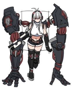 ahoge breasts copyright_request cyborg durindana_7 headphones highres large_breasts midriff simple_background tagme thighs white_background white_hair wire