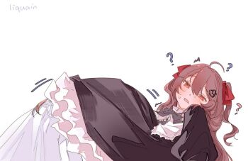 2girls ahoge black_bow black_bowtie black_dress bow bowtie broken_heart broken_heart_hair_ornament brown_hair commentary dress english_commentary evil_neuro-sama hair_between_eyes hair_ornament hair_ribbon heart heart_hair_ornament incest liquain long_dress long_hair long_sleeves multiple_girls neuro-sama open_mouth red_eyes red_ribbon ribbon siblings simple_background sisters twincest twins two_side_up upper_body vedal_ai virtual_youtuber white_background white_dress yuri