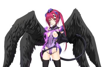 1girl black_gloves black_thighhighs black_wings breastless_clothes breasts brown_eyes choukou_(alicesoft) choukou_shinki_ixseal corruption covered_navel dark_persona demon_tail elbow_gloves feathered_wings game_cg gloves hat houshou_kirika large_variant_set leotard long_hair looking_at_viewer multiple_wings navel nipples non-web_source official_art onigirikun oversized_wings pubic_tattoo purple_leotard red_hair see-through_clothes small_breasts smile solo tail tattoo thighhighs torn_clothes transparent_background variant_set whip wings yellow_eyes
