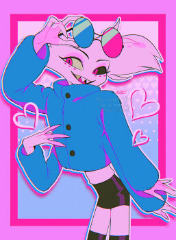 1boy :d absurdres adjusting_eyewear angel_dust arm_up black-framed_eyewear black_sclera black_skirt black_thighhighs blue-tinted_eyewear blue_background blue_jacket border buttons colored_sclera commentary_request cowboy_shot extra_arms eyeshadow facial_mark fewer_digits furry furry_male glasses halftone halftone_background hazbin_hotel hellaverse heterochromatic_eyewear highres jacket leaning_forward long_sleeves looking_at_viewer makeup menma_(enaic31) microskirt mismatched_sclera open_mouth outline outside_border pencil_skirt pink-tinted_eyewear pink_border pink_eyes pink_eyeshadow puffy_long_sleeves puffy_sleeves sharp_teeth signature simple_background skirt smile solo standing sunglasses teeth thighhighs tinted_eyewear tongue turtleneck turtleneck_jacket upper_teeth_only watermark white_background white_fur white_outline zettai_ryouiki