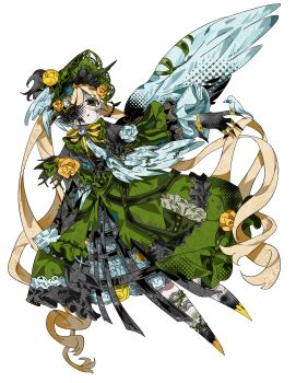 1girl absurdres black_hands black_skin blonde_hair bonnet chinese_commentary claws colored_extremities colored_skin commentary_request crinoline dark_persona dress feathered_wings frilled_dress frills full_body green_dress green_eyes highres kun_yi_xunhuan long_hair magical_girl mahou_shoujo_no_majo_saiban open_mouth outstretched_arm simple_background solo spoilers standing tono_hanna twintails very_long_hair white_background white_wings wings