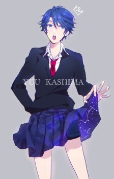 10s 1girl a_world_underneath alternate_eye_color bad_id bad_pixiv_id blue_eyes blue_hair character_name chromatic_aberration constellation crown female_focus gekkan_shoujo_nozaki-kun highres kaa kashima_yuu matching_hair/eyes pleated_skirt reverse_trap scorpius_(constellation) short_hair shorts shorts_under_skirt simple_background skirt skirt_hold solo