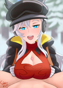 1boy 1girl black_jacket blue_eyes breasts ciderwrath cleavage_cutout clothing_cutout dragalia_lost ear_covers earmuffs forest gloves goggles goggles_on_head highres ilia_(dragalia_lost) ilia_(dragonyule)_(dragalia_lost) jacket large_breasts looking_at_viewer nature open_clothes open_jacket open_mouth paizuri red_shirt shirt signature snow white_gloves white_hair