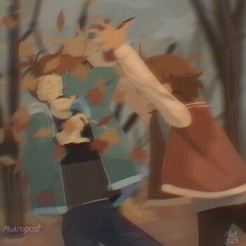 2023 2boys alternate_costume arm_up arms_up artist_name autumn_leaves bare_tree black_pants black_shirt blurry blurry_background brothers brown_hair coat dark-skinned_male dark_skin green_coat hero_(faraway)_(omori) hero_(omori) highres jacket kel_(faraway)_(omori) kel_(omori) leaf looking_at_another madnopost male_focus multiple_boys omori open_clothes open_coat open_mouth orange_jacket outdoors pants shirt short_hair siblings teeth tree