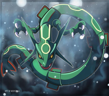 artist_name black_sclera claws colored_sclera commentary english_commentary fangs full_body gen_3_pokemon grey_background legendary_pokemon light_particles nintendo no_humans nostrils open_mouth pokemon pokemon_(creature) rayquaza solo woofzilla yellow_eyes