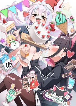 >_< 5girls absurdres ahoge airi_(blue_archive) animal_costume animal_ears black_hair black_jacket blonde_hair blue_archive blue_hair blush brown_pantyhose cake cake_slice candy cat_ears chocolate chocolate_bar colored_inner_hair cosmetics drink_carton eating fake_antlers fake_facial_hair fake_mustache food fruit hair_ornament hairclip heart highres holding holding_plate ice_cream ice_cream_cone jacket kazusa_(blue_archive) knees_up lipstick_tube long_hair long_sleeves milk_carton mint_chocolate multicolored_hair multiple_girls natsu_(blue_archive) open_mouth panties pantyhose pink_hair plate reindeer_costume reisa_(blue_archive) short_hair sitting skirt sled smile snowman_costume star_(symbol) star_hair_ornament strawberry underwear white_panties white_skirt whonyang yoshimi_(blue_archive)