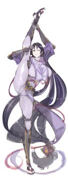 absurdres bodysuit breasts covered_groin dress ebichannoshippo fate/grand_order fate_(series) fingerless_gloves gloves highres holding_own_leg large_breasts legs long_hair minamoto_no_raikou_(fate) one_eye_closed parted_bangs purple_bodysuit purple_dress purple_eyes purple_hair sketch smile split standing standing_on_one_leg standing_split stretching tabard thighs v very_long_hair white_background