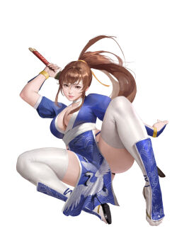 1girl absurdres arm_guards arm_up bangku_an breasts brown_hair chin_guard choker cleavage closed_mouth crane_print dead_or_alive dynamic_pose highres holding holding_sword holding_weapon japanese_clothes jumping kasumi_(doa) katana large_breasts light_smile long_hair ninja obi pelvic_curtain ponytail puffy_short_sleeves puffy_sleeves ribbon sash short_sleeves solo sword thighhighs thighs weapon white_background white_choker white_thighhighs yellow_ribbon