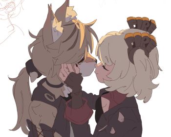 2girls animal_ear_fluff animal_ears black_gloves black_jacket black_nails black_shirt blonde_hair breasts burnice_white cat_ears cleavage closed_eyes closed_mouth fingerless_gloves furry furry_female furry_with_non-furry gloves green_eyes hand_on_another&#039;s_face highres interspecies jacket long_hair mangedugruau medium_breasts multiple_girls pulchra_fellini shirt short_hair simple_background smile twintails white_background yuri zenless_zone_zero