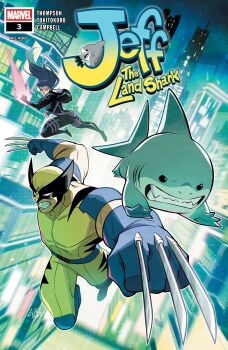 1boy 1girl absurdres black_bodysuit black_jacket blue_boots blue_gloves bodysuit boots character_name city claw_(weapon) clenched_teeth comic_cover company_name copyright_logo copyright_name cover cover_page cowl energy_sword english_text facial_hair gills gloves gurihiru highres jacket jeff_(marvel) knee_pads logo long_hair marvel motion_blur muscular muscular_male night no_pupils official_art outdoors psylocke purple_hair shark shark_fin sharp_teeth stubble superhero_costume sword teeth weapon wolverine_(x-men) x-men yellow_bodysuit