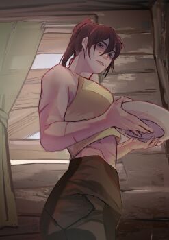 1girl absurdres bare_shoulders black_pants boarded_windows brown_hair cabin chinese_commentary commentary_request crop_top curtains day degrees_of_lewdity eden_(degrees_of_lewdity) eden_(female)_(degrees_of_lewdity) empty_eyes from_below green_eyes hair_between_eyes half-closed_eyes highres holding holding_plate indoors layered_shirt looking_at_viewer looking_down medium_hair muscular muscular_female pants parted_lips plate ponytail scar scar_on_arm scar_on_face shaded_face sheizhidaoni580 shirt short_ponytail sidelocks solo tank_top undershirt variant_set white_shirt window yellow_shirt