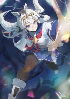 1girl ahoge animal_ears black_pantyhose blue_eyes blue_sailor_collar blue_skirt boots breasts brooch closed_mouth commentary ear_ornament eye_trail grey_hair grey_tail hair_between_eyes hairband horse_ears horse_girl jacket jewelry light_trail long_hair long_sleeves multicolored_hair neckerchief oguri_cap_(starlight_beat)_(umamusume) oguri_cap_(umamusume) outstretched_arm pantyhose pleated_skirt red_neckerchief rin_(fimoxrin) running sailor_collar shirt skirt star_brooch umamusume white_boots white_jacket white_shirt