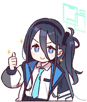 >:) 1girl aris_(blue_archive) black_hair black_hairband blue_archive blue_eyes blue_necktie blush closed_mouth collared_shirt commentary cropped_torso dot_nose double-parted_bangs green_halo hair_between_eyes hairband halo hand_up jacket long_hair long_hair_between_eyes long_sleeves looking_at_viewer necktie one_side_up open_clothes open_jacket rectangular_halo shirt simple_background smile solo sparkle symbol-only_commentary thumbs_up transparent_background v-shaped_eyebrows white_jacket white_shirt yoru_nai