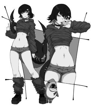 1girl absurdres alternate_costume animal_costume bangboo_(zenless_zone_zero) boots breasts candy choker colored_inner_hair ellen_joe fins fish_tail food fur_socks greyscale hair_ornament highres holding holding_candy holding_food holding_lollipop kekel large_breasts lollipop lollipop_in_mouth long_sleeves looking_at_viewer middle_finger midriff monochrome multicolored_hair multiple_views shark_costume shark_girl shark_tail sharkboo_(zenless_zone_zero) short_hair short_shorts shorts tail two-tone_hair zenless_zone_zero