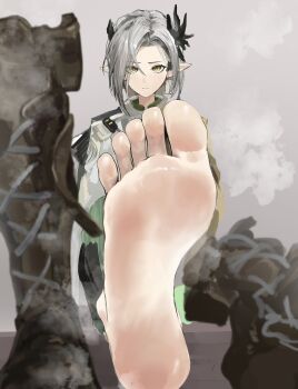 1girl absurdres arknights barefoot boots feet grey_hair highres light_blush looking_at_viewer medium_hair nasti_(arknights) pointy_ears shoes soles steam tiansuo_haoer toes unworn_boots unworn_shoes yellow_eyes