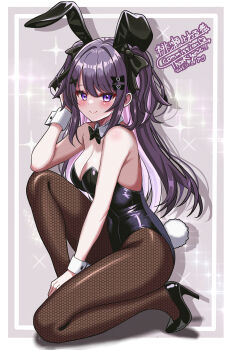1girl absurdres animal_ear_hairband animal_ears black_bow black_bowtie black_hair black_leotard black_pantyhose borrowed_character bow bowtie breasts cleavage colored_inner_hair commentary_request commission detached_collar fake_animal_ears fishnet_pantyhose fishnets hairband highleg highleg_leotard highres leotard medium_breasts multicolored_hair original pantyhose playboy_bunny purple_eyes purple_hair rabbit_ears rabbit_tail skeb_commission solo sparkle_background strapless strapless_leotard tail two_side_up wrist_cuffs yanapy