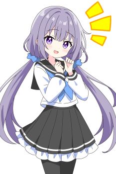 Rule 34 | 1girl, :d, black pantyhose, black sailor collar, black skirt, blue neckerchief, blue scrunchie, blush, commentary request, cowboy shot, dot nose, frilled skirt, frills, hair ornament, hair scrunchie, hands up, highres, kotatsu-mazoku, long hair, long sleeves, looking at viewer, low twintailed girl (kotatsu-mazoku), low twintails, neckerchief, notice lines, open mouth, original, pantyhose, pleated skirt, purple eyes, purple hair, sailor collar, school uniform, scrunchie, serafuku, shirt, simple background, skirt, smile, solo, twintails, white background, white shirt