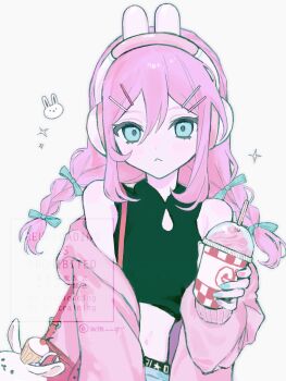 Rule 34 | 1girl, animal ear headphones, animal ears, aubrey (faraway) (omori), aubrey (omori), black tank top, blue eyes, braid, commentary, crop top, cup, cupcake, disposable cup, drinking straw, fake animal ears, food, forest bunny (omori), hair between eyes, hair ornament, hairclip, headphones, highres, holding, holding cup, jacket, long hair, looking at viewer, midriff, omori, open clothes, open jacket, parallel hairclips, pink hair, pink jacket, rabbit ear headphones, rabbit ears, solo, symbol-only commentary, tank top, twin braids, wm q