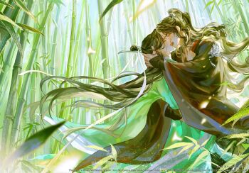 Rule 34 | 2boys, adam's apple, arm around waist, artist name, backlighting, baku ten221, bamboo, bamboo forest, black hanfu, black nails, blurry, blurry foreground, chinese clothes, closed eyes, copyright logo, copyright name, creator name, curtained hair, day, forest, french kiss, furrowed brow, green hanfu, half updo, hand in another's hair, hand on another's back, hand on another's chest, hanfu, high ponytail, highres, kiss, light particles, logo, long hair, long sleeves, luo binghe, multiple boys, nature, official art, outdoors, parted bangs, pectoral cleavage, pectorals, ponytail, renzha fanpai zijiu xitong, ribbon, ribboned xiao guan, shen qingqiu, sidelocks, straight hair, tassel, twitter username, very long hair, wavy hair, white ribbon, wide sleeves, yaoi