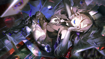 blue_tongue card chinese_commentary colored_tongue commentary_request durian0504 fishnets floating_card formal_clothes gears gloves hat highres laughing leaning_back lilith:_daemonissa_(pgr) lilith_(pgr) looking_at_viewer looking_up mechanical_arms mechanical_legs official_art playing_card punishing:_gray_raven purple_eyes purple_hair sitting smile spade_(shape) spade_tattoo suit tattoo tile_floor tiles top_hat umbrella yandere