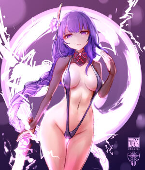 1girl absurdres alternate_costume artist_name bikini blunt_bangs braid breasts bridal_gauntlets commentary electricity english_commentary eyeliner genshin_impact glowing glowing_hair glowing_sword glowing_weapon gradient_hair hair_ornament highres holding holding_sword holding_weapon japanese_clothes jasonchin96 katana kimono large_breasts long_braid makeup mole mole_under_eye multicolored_hair musou_isshin_(genshin_impact) navel parted_lips purple_background purple_eyes purple_hair raiden_shogun red_eyeliner single_braid solo stomach streaked_hair string_bikini swimsuit sword thighhighs upper_body weapon