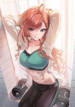1girl abs absurdres ahoge arisugawa_natsuha arms_behind_head black_leggings breasts cleavage collarbone commentary_request dumbbell green_sports_bra highres idolmaster idolmaster_shiny_colors large_breasts leggings long_hair looking_at_viewer navel open_clothes open_shirt orange_hair shirt sitting smile solo sports_bra stomach tile_wall tiles toned toned_female uouokuma very_long_hair white_shirt workout_clothes