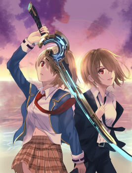 Rule 34 | 1girl, absurdres, adjusting clothes, adjusting necktie, beach, black necktie, brown hair, commentary request, formal clothes, hair over one eye, heaven burns red, highres, holding, holding sword, holding weapon, kayamori ruka, necktie, red eyes, red necktie, school uniform, short hair, smyin rii, suit, sword, weapon