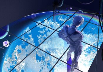 1boy boots chest_harness facing_away from_above gloves grey_hair hand_on_own_hip harness highres jacket love_and_deepspace male_focus pants planet rainbow rayray8208820 short_hair solo space standing white_jacket white_pants xavier_(love_and_deepspace)