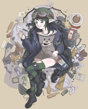 1girl absurdres alcohol antennae ashtray assault_rifle bandaid bandaid_on_leg black_boots black_hair black_thighhighs blue_jacket bonetaker2 boots bottle bowl braid bug can cigarette cigarette_pack coffee coffee_mug combat_helmet commentary crushed_can cup egg egg_carton elf elfinpsyop english_commentary explosive fish fly food fried_egg goggles goggles_on_headwear green_eyes green_hair green_thighhighs grenade grey_shirt gun helmet highres holding holding_bottle indie_virtual_youtuber insect jacket ketchup ketchup_bottle knife long_hair looking_at_viewer low_twin_braids lying mug multicolored_hair noodles on_back pointy_ears ramen red_bull rifle shirt smirnoff_(vodka) softboiled_egg solo streaked_hair striped_clothes striped_thighhighs stuffed_animal stuffed_toy thighhighs trash_bag twin_braids very_long_hair virtual_youtuber vodka weapon