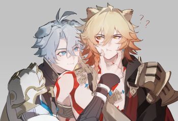 2boys ? ?? animal_ears antenna_hair armlet armor black_choker black_coat black_shirt blonde_hair blue_eyes braid cat_boy cat_ears chest_tattoo choker clawed_gauntlets coat dog_boy dog_ears earrings facial_tattoo gold_earrings gold_necklace gradient_hair grey_background hand_on_another&#039;s_cheek hand_on_another&#039;s_face highres honkai:_star_rail honkai_(series) jewelry looking_at_another male_focus medium_hair multicolored_hair multiple_boys mydei_(honkai:_star_rail) neck_tattoo necklace open_clothes open_coat parted_bangs pauldrons phainon_(honkai:_star_rail) red_hair red_tattoo shirt short_hair shoulder_armor side_braid simple_background single_pauldron tattoo white_coat white_hair yellow_eyes yimo6178
