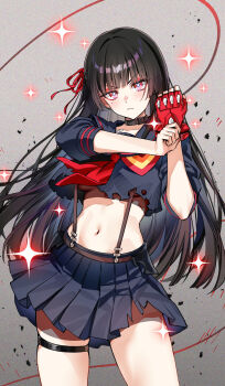 1girl black_choker black_hair black_serafuku black_skirt breasts chisa_(wuthering_waves) choker closed_mouth collarbone commentary cosplay english_commentary film_grain fingerless_gloves foxyreine gloves grey_background hair_ribbon highres kill_la_kill light_blush long_hair looking_at_viewer matoi_ryuuko matoi_ryuuko_(cosplay) mole mole_under_eye navel red_eyes red_gloves red_ribbon ribbon school_uniform senketsu serafuku shirt signature single_fingerless_glove skirt solo stomach suspender_skirt suspenders thigh_strap thighs torn_clothes torn_shirt undershirt v-shaped_eyebrows wuthering_waves