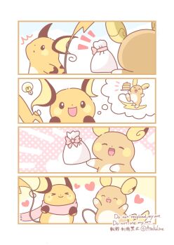 &gt;_&lt; alolan_form alolan_raichu asakoline bag blush closed_eyes closed_mouth food gen_1_pokemon gen_7_pokemon gift highres holding holding_bag holding_gift holding_plate light_bulb nintendo no_humans open_mouth orange_fur pancake pancake_stack pink_scarf plate pokemon pokemon_(creature) pokemon_focus raichu regional_and_normal scarf smile speech_bubble thought_bubble