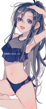 1girl :d ahoge alternate_costume amana_raika arm_up armpits barefoot bikini black_bikini black_eyes black_hair breasts brown_eyes eyelashes frilled_bikini frills genderswap genderswap_(mtf) hair_between_eyes hand_on_own_head highres long_hair looking_at_viewer modao_zushi navel open_mouth ponytail sidelocks simple_background sitting small_breasts smile solo swimsuit twitter_username very_long_hair wei_wuxian white_background