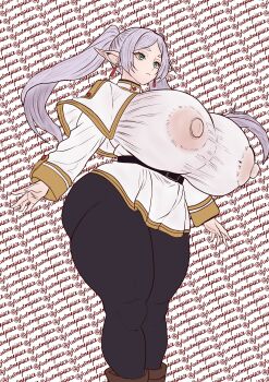 1girl alternate_breast_size_(larger) belt black_pantyhose breasts covered_erect_nipples curvy earrings elf frieren gigantic_breasts green_eyes grey_hair huge_breasts jewelry long_hair long_twintails no_bra pantyhose pointy_ears sartmepiece see-through_clothes see-through_shirt shirt solo sousou_no_frieren text_background thick_thighs thighs twintails twitter_username white_shirt