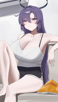 1girl absurdres alternate_costume armpits bare_legs barefoot black_bra black_shorts blue_archive bra bra_strap bra_visible_through_clothes breasts camisole cleavage collarbone commentary dolphin_shorts eating food food_on_face halo highres hm_(mhm2592) indoors knee_up large_breasts long_hair looking_at_viewer purple_eyes purple_hair shorts sitting solo straight_hair underwear very_long_hair white_camisole yuuka_(blue_archive)