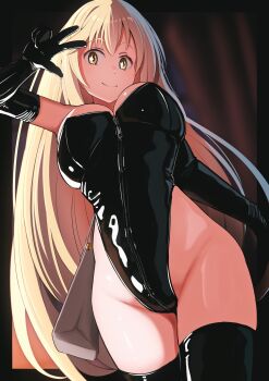 1girl alternate_costume bag black_gloves black_leotard blonde_hair bondage_outfit breasts closed_mouth commentary_request commission elbow_gloves gloves handbag highleg highleg_leotard highres katsuten large_breasts latex latex_gloves latex_leotard latex_thighhighs leotard long_hair looking_at_viewer paid_reward_available shokuhou_misaki skeb_commission smile sparkling_eyes split_mouth thighhighs toaru_kagaku_no_mental_out toaru_kagaku_no_railgun toaru_majutsu_no_index very_long_hair w yellow_eyes zipper_leotard