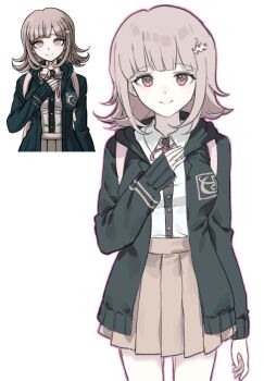 1girl breasts brown_hair brown_skirt collared_shirt commentary cowboy_shot danganronpa_(series) danganronpa_2:_goodbye_despair flipped_hair hair_ornament highres hood jacket kuma_(id7dug) large_breasts long_sleeves looking_at_viewer medium_hair multiple_views nanami_chiaki neck_ribbon open_clothes open_jacket pink_eyes pink_ribbon ribbon shirt shirt_tucked_in simple_background skirt smile solo symbol-only_commentary two-tone_shirt white_background white_shirt
