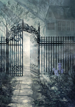 architecture building commentary_request fence flower garden highres house iron_fence light_rays no_humans original outdoors path plant purple_flower road scenery shadow sunbeam sunlight tree yokosachi