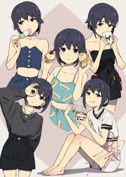 1girl :p bare_shoulders barefoot black_dress black_hair black_shirt black_shorts blue_camisole blue_shorts blue_skirt blue_tube_top camisole collage cropped_legs cup dango dress drinking eating flat_chest food full_body head_tilt highres holding holding_cup ice_cream jewelry kobayashi_gen looking_at_viewer looking_to_the_side midriff mochi mole mole_under_eye mug navel necklace pastry purple_eyes sanshoku_dango school_girl_strikers shirt short_hair shorts sidelocks signature simple_background sitting skirt strapless sumihara_satoka tongue tongue_out tube_top wagashi white_shirt white_shorts wispy_bangs