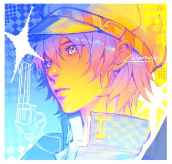 Rule 34 | 1girl, black jacket, blue eyes, closed mouth, commentary, english commentary, eyelashes, gun, hair between eyes, hat, highres, jacket, lips, persona, persona 4, portrait, school uniform, shirogane naoto, shirt, short hair, solo, sparkle, tiar (tiariariar), twitter username, upper body, weapon, white shirt, wing collar, yasogami school uniform