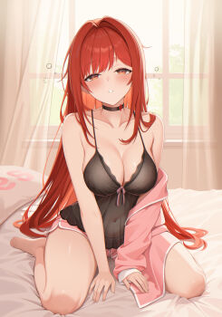 Rule 34 | 1girl, absurdres, bed, black nightgown, blanket, breasts, commentary, english commentary, goddess of victory: nikke, highres, lace-trimmed nightgown, morning, nightgown, official alternate design, official alternate hair color, pajamas, pink pajamas, pink shorts, rapi (nikke), rapi (red hood) (cherished red) (nikke), rapi (red hood) (nikke), red eyes, red hair, shorts, sleepwear, sleepy, solo, thighs, waking up, yusuna