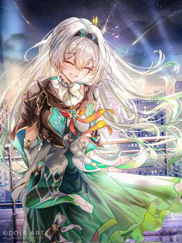 arms_behind_back black_jacket breasts closed_eyes cowboy_shot dols_art firefly_(honkai:_star_rail) green_skirt grey_hair highres honkai:_star_rail honkai_(series) jacket night parted_lips skirt smile teeth white_jacket