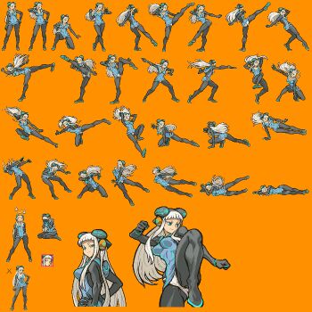 1_2_3_daaaaaaa 1girl attack birds_around_head black_pantyhose blue_dress blue_eyes blue_skirt bodysuit borrowed_character breasts clone collage collar contrapposto cosmic_bear crane_stance crying dazed divekick_(attack) dress electro_emilia fighting_game fighting_game_portrait fighting_stance flying_kick hand_on_own_hip headgear kicking kneeling leg_sweep legs long_hair looking_back microdress multiple_girls multiple_views neon_trim orange_background original panties panties_over_pantyhose pantyhose pixel_art roundhouse sidelocks skirt sliding smile sprite_art sprite_sheet sprites standing status_portrait unconscious underwear very_long_hair white_hair